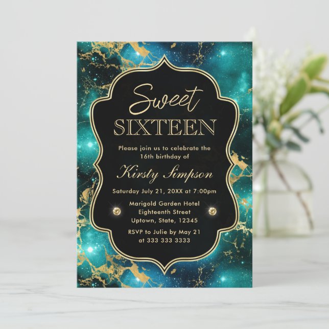 Elegant Green and Gold Galaxy Marble Sweet Sixteen Invitation (Standing Front)
