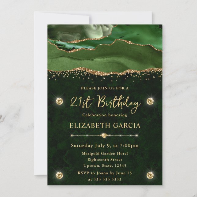 Elegant Green and Gold Glitter Agate 21st Birthday Invitation (Front)