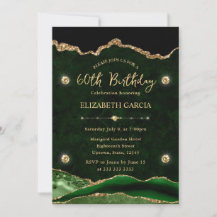 Elegant Green and Gold Glitter Agate 60th Birthday Invitation
