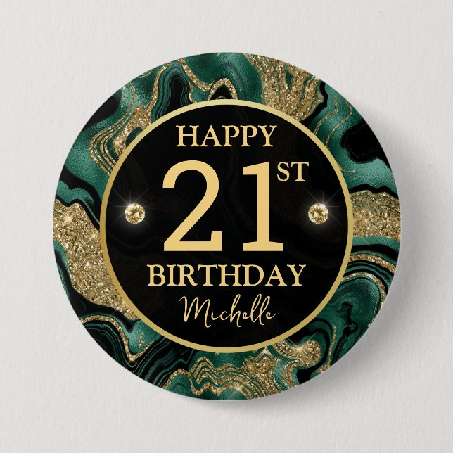Elegant Green and Gold Glitter Agate Birthday 7.5 Cm Round Badge (Front)