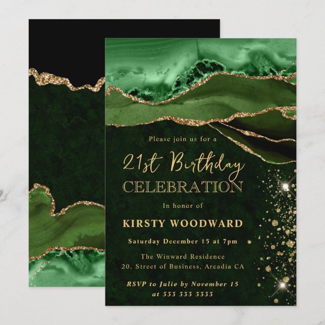 Elegant Green and Gold Glitter Agate Birthday Invitation (Front/Back)