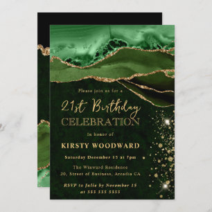 Elegant Green and Gold Glitter Agate Birthday Invitation
