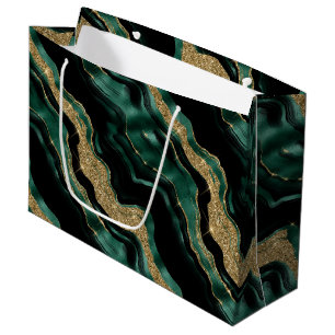 Elegant Green and Gold Glitter Agate Birthday Large Gift Bag