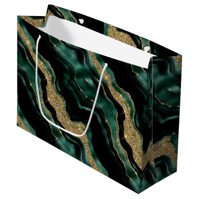 Elegant Green and Gold Glitter Agate Birthday Large Gift Bag (Front Angled)