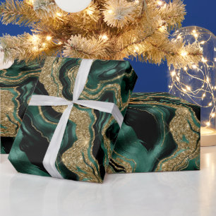 Elegant Green and Gold Glitter Agate Birthday Wrapping Paper