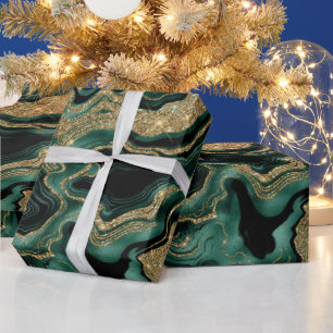 Elegant Green and Gold Glitter Agate Birthday Wrapping Paper