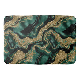Elegant Green and Gold Glitter Agate Pattern Bath Mat