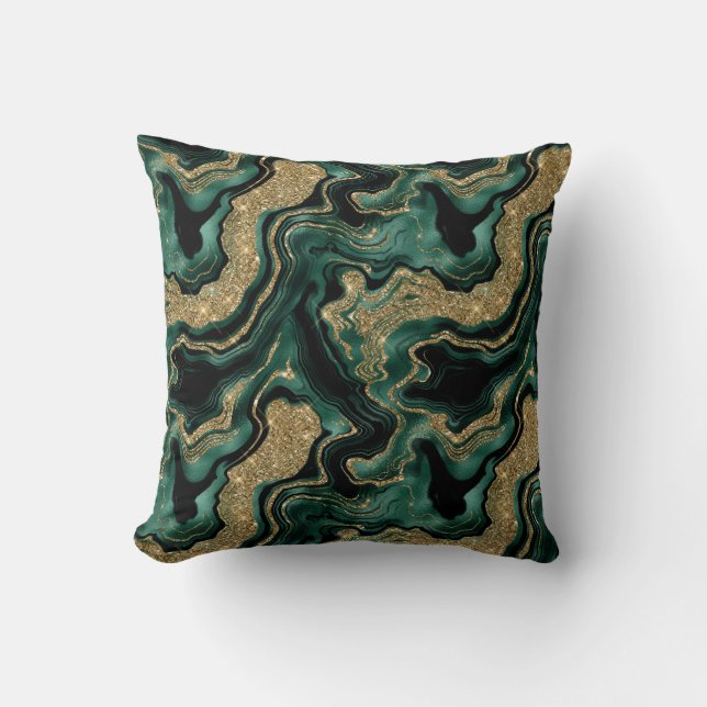 Elegant Green and Gold Glitter Agate Pattern Cushion (Front)