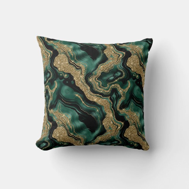 Elegant Green and Gold Glitter Agate Pattern Cushion (Front)