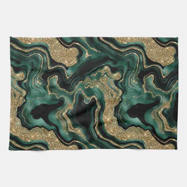Elegant Green and Gold Glitter Agate Pattern Tea Towel (Horizontal)
