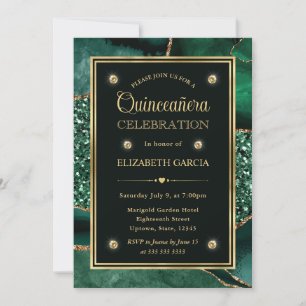 Elegant Green and Gold Glitter Agate Quinceanera Invitation
