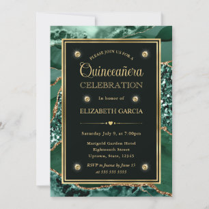 Elegant Green and Gold Glitter Agate Quinceanera Invitation