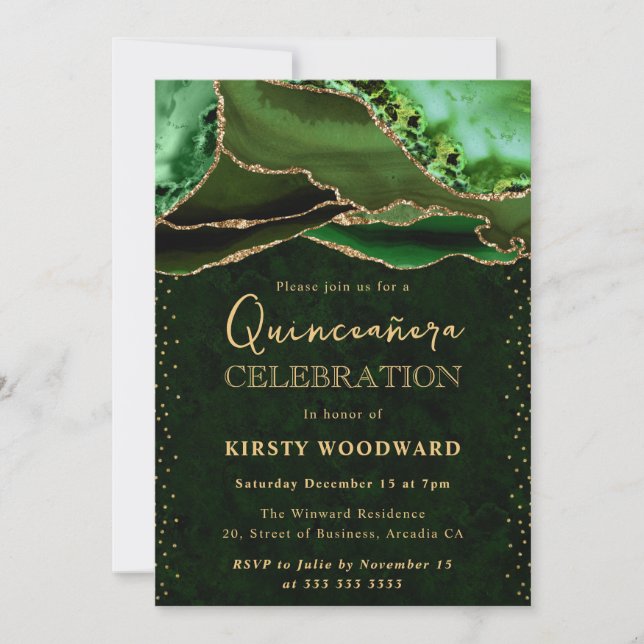 Elegant Green and Gold Glitter Agate Quinceanera Invitation (Front)