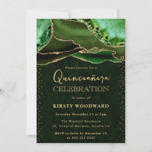 Elegant Green and Gold Glitter Agate Quinceanera Invitation
