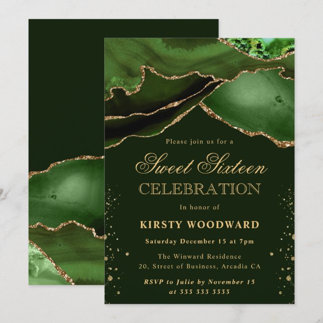 Elegant Green and Gold Glitter Agate Sweet 16 Invitation (Front/Back)