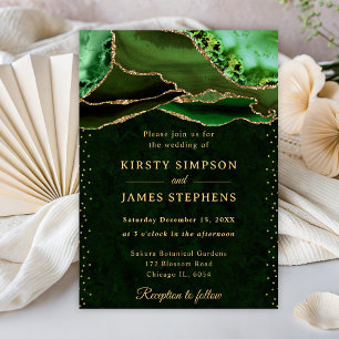 Elegant Green and Gold Glitter Agate Wedding Invitation