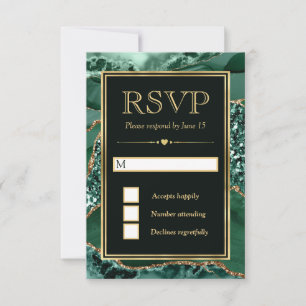 Elegant Green and Gold Glitter Agate Wedding RSVP Card