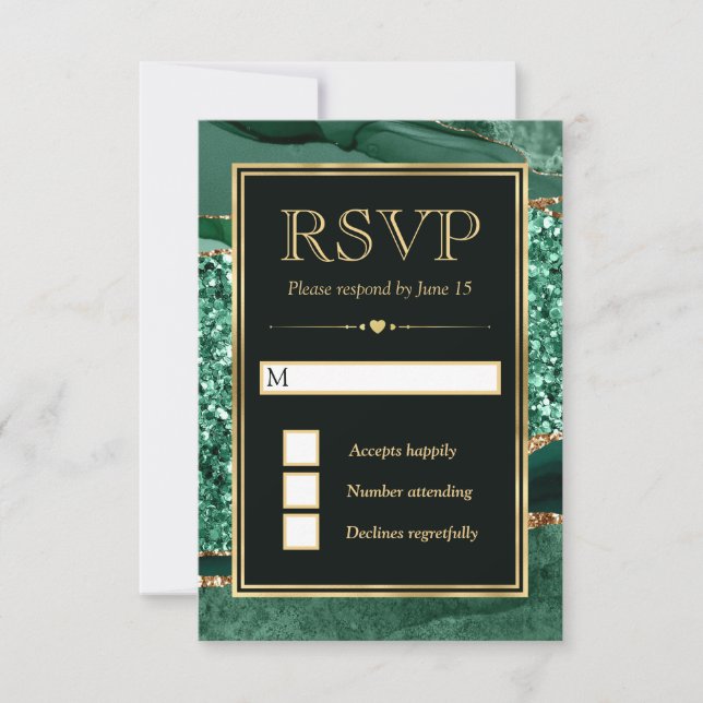 Elegant Green and Gold Glitter Agate Wedding RSVP Card (Front)