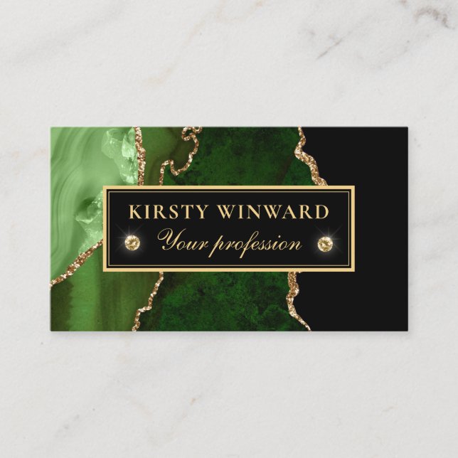Elegant Green and Gold Glitter Marble Agate Business Card (Front)