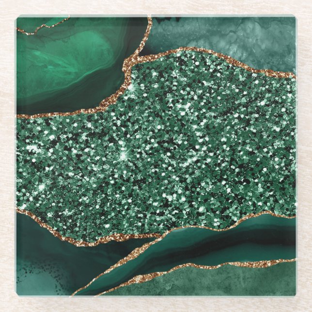 Elegant Green and Gold Glitter Ocean Agate Glass Coaster (Front)