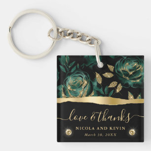Elegant Green and Gold Glitter Rose Floral Wedding Key Ring