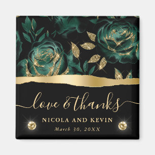 Elegant Green and Gold Glitter Rose Floral Wedding Magnet