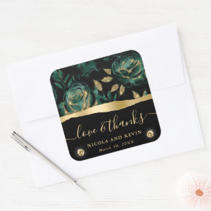 Elegant Green and Gold Glitter Rose Floral Wedding Square Sticker