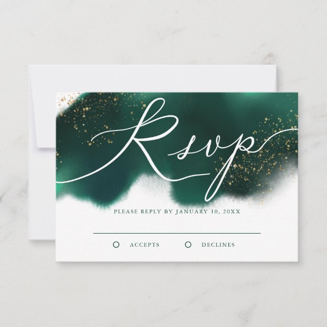 Elegant Green and Gold Glitter Wedding RSVP Card (Front)