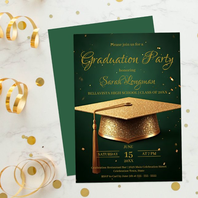 Elegant Green and Gold Graduation Celebration Invitation (Creator Uploaded)