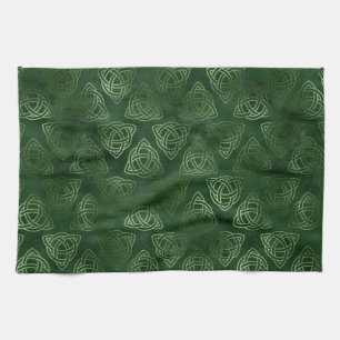 Elegant Green and Gold Irish Celtic Pattern Tea Towel