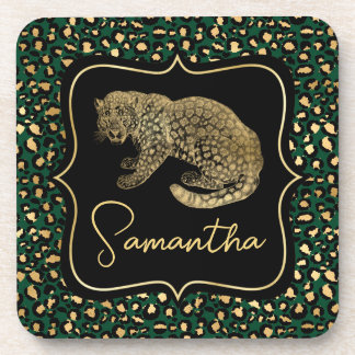 Elegant Green and Gold Leopard and Spots Pattern Coaster