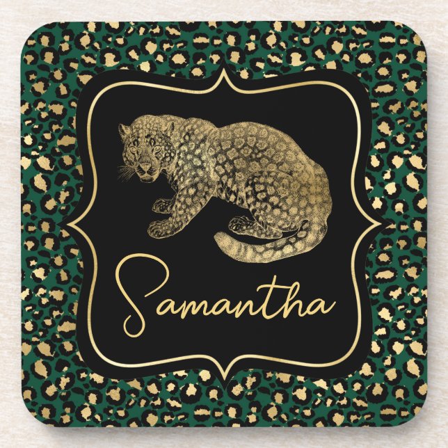 Elegant Green and Gold Leopard and Spots Pattern Coaster (Front)