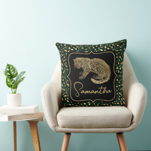 Elegant Green and Gold Leopard and Spots Pattern Cushion