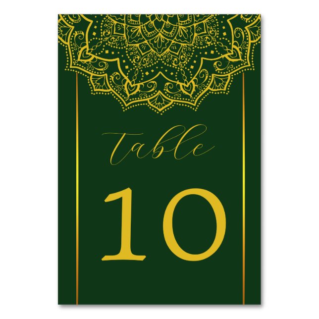 Elegant Green And Gold Mandala Wedding  Table Number (Front)
