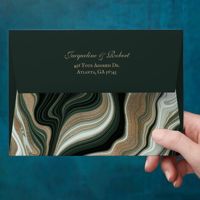 Elegant Green and Gold Marble Wedding Envelope (Hand)