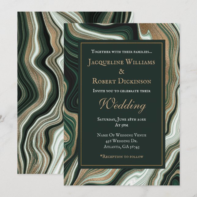 Elegant Green and Gold Marble Wedding Invitation (Front/Back)