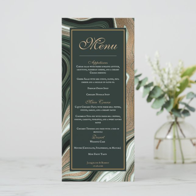 Elegant Green and Gold Marble Wedding Menu (Standing Front)