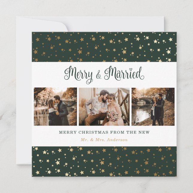 Elegant Green and Gold Merry and Married Christmas Holiday Card (Front)
