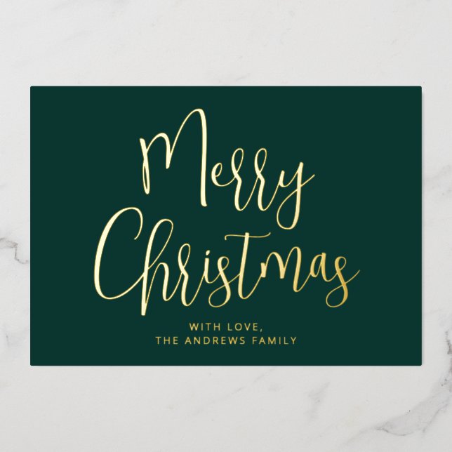 Elegant Green and Gold Merry Christmas Gold Foil Holiday Card (Front)