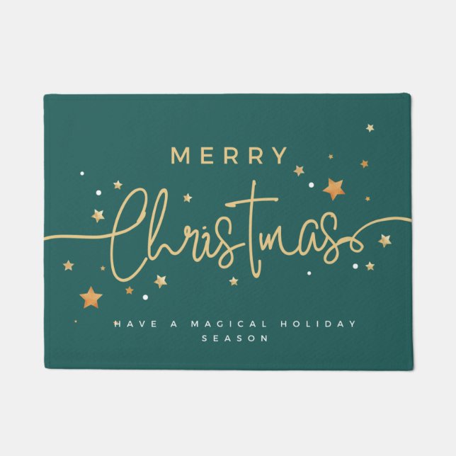 Elegant Green and Gold Merry Christmas Holidays  Doormat (Front)
