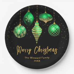 Elegant Green and Gold Ornament Christmas Paper Plate