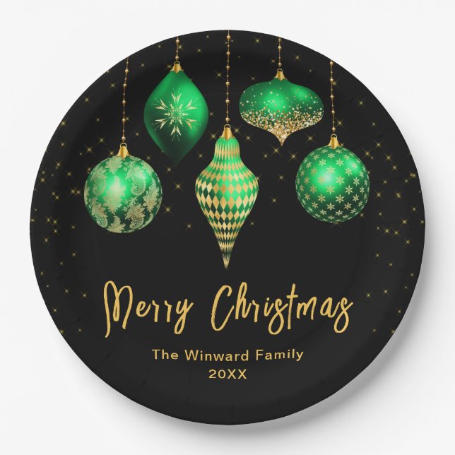 Elegant Green and Gold Ornament Christmas Paper Plate (Front)