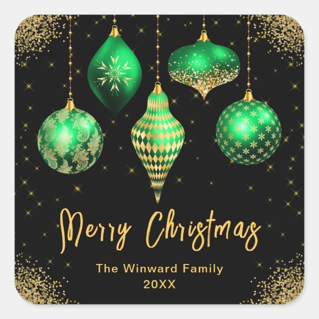 Elegant Green and Gold Ornament Christmas Square Sticker (Front)