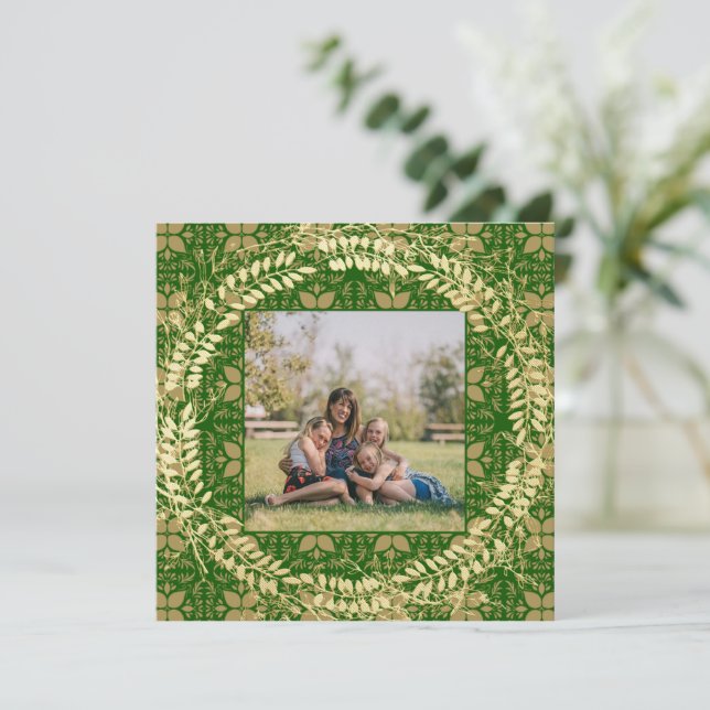 Elegant Green and Gold Photo Holiday Card (Standing Front)