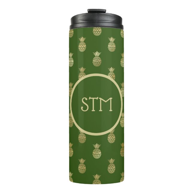 Elegant Green and Gold Pineapple Monogram Thermal Tumbler (Front)