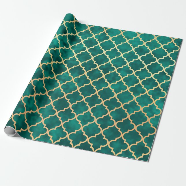 Elegant Green and Gold Quatrefoil Art Deco Pattern Wrapping Paper (Unrolled)
