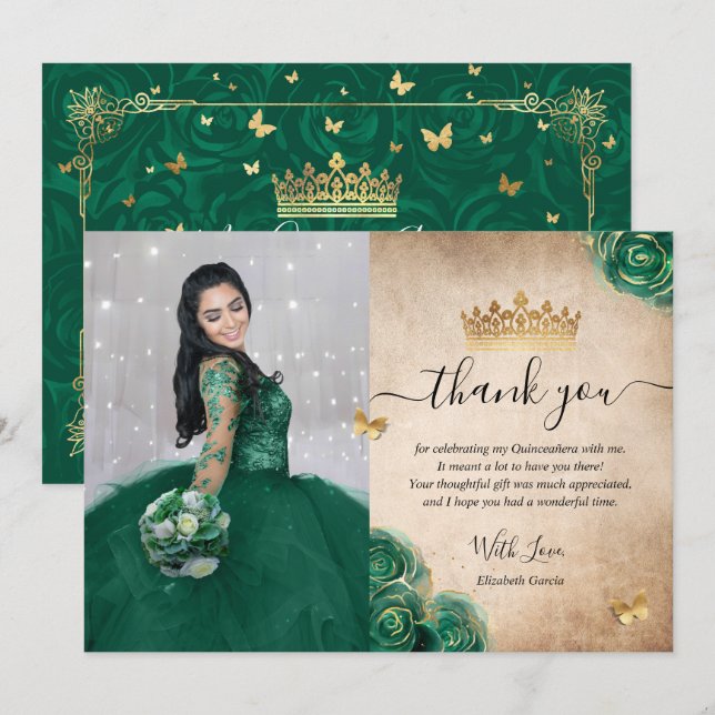 Elegant Green and Gold Quinceañera Photo Birthday Thank You Card (Front/Back)
