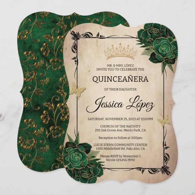 Elegant Green and Gold Quinceañera Rustic Birthday Invitation (Front/Back)
