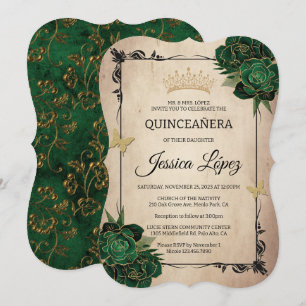 Elegant Green and Gold Quinceañera Rustic Birthday Invitation