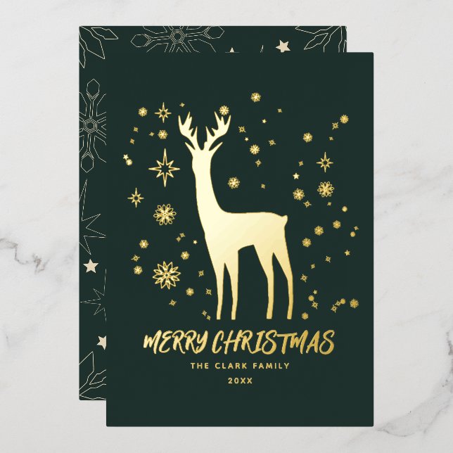 Elegant Green and Gold Reindeer Merry Christmas Foil Holiday Card (Front/Back)